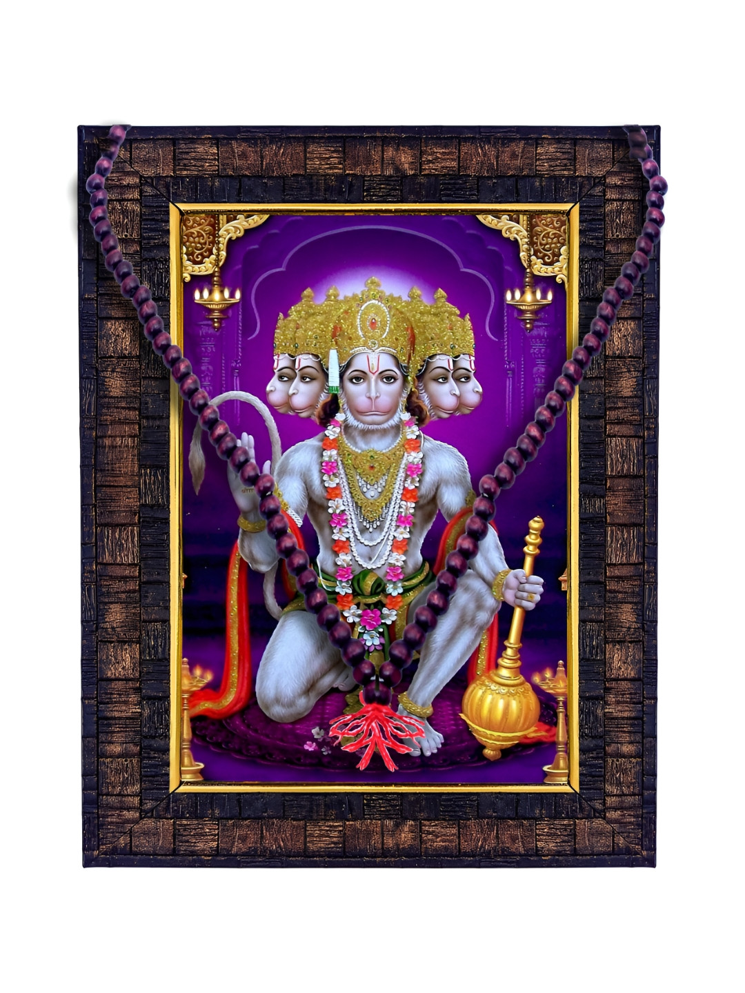 Hawai Brown Panchmukhi Hanuman Bajrang Bali Wooden Wall Photo Frame With Red Chandan Mala