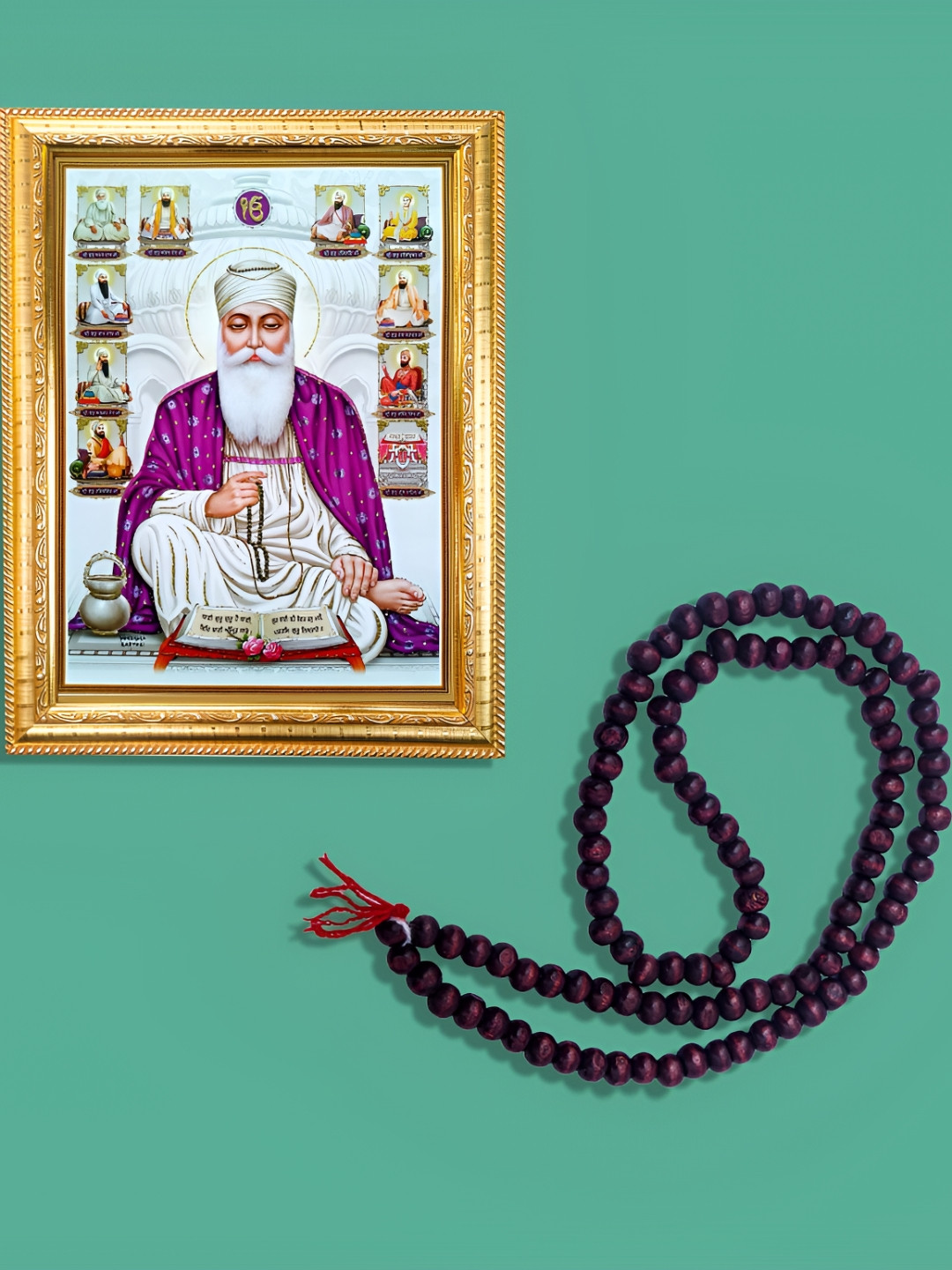 Hawai Gold Toned & White 2 Pieces Wooden Photo Frame & Red Chandan Mala