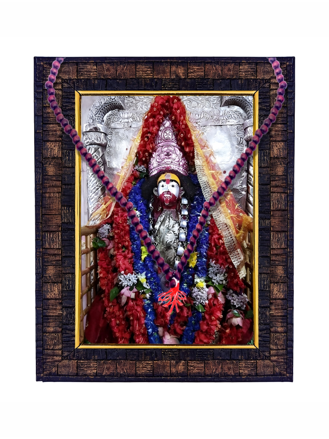 Hawai Silver-Toned and Blue Tarapith Maa Tara Wooden Wall Photo Frame with Mala