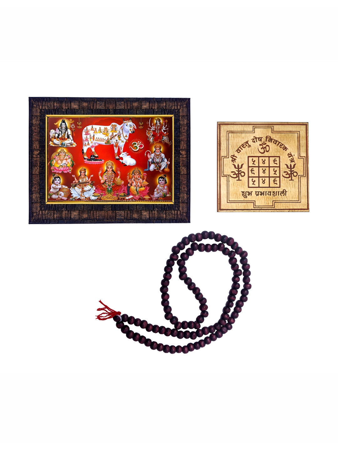 Hawai Brown Kamdhenu Cow With Hindu Gods Wooden Wall Photo Frame with Yantra and Mala