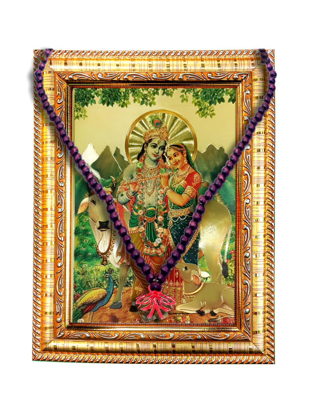 Hawai Gold Toned Krishna Wooden Wall Photo Frame With 108 Beads Red Chandan Mala