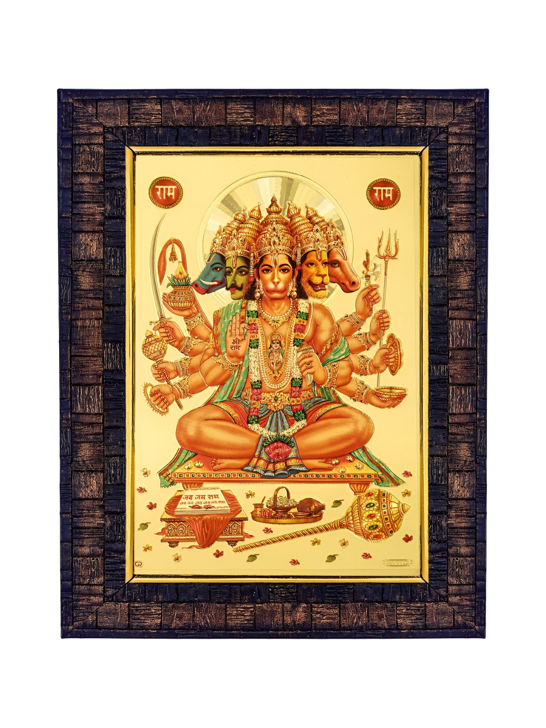 Hawai Gold-Toned Gold-Plated Panchmukhi Hanuman Bajrang Bali Wooden Wall Photo Frame
