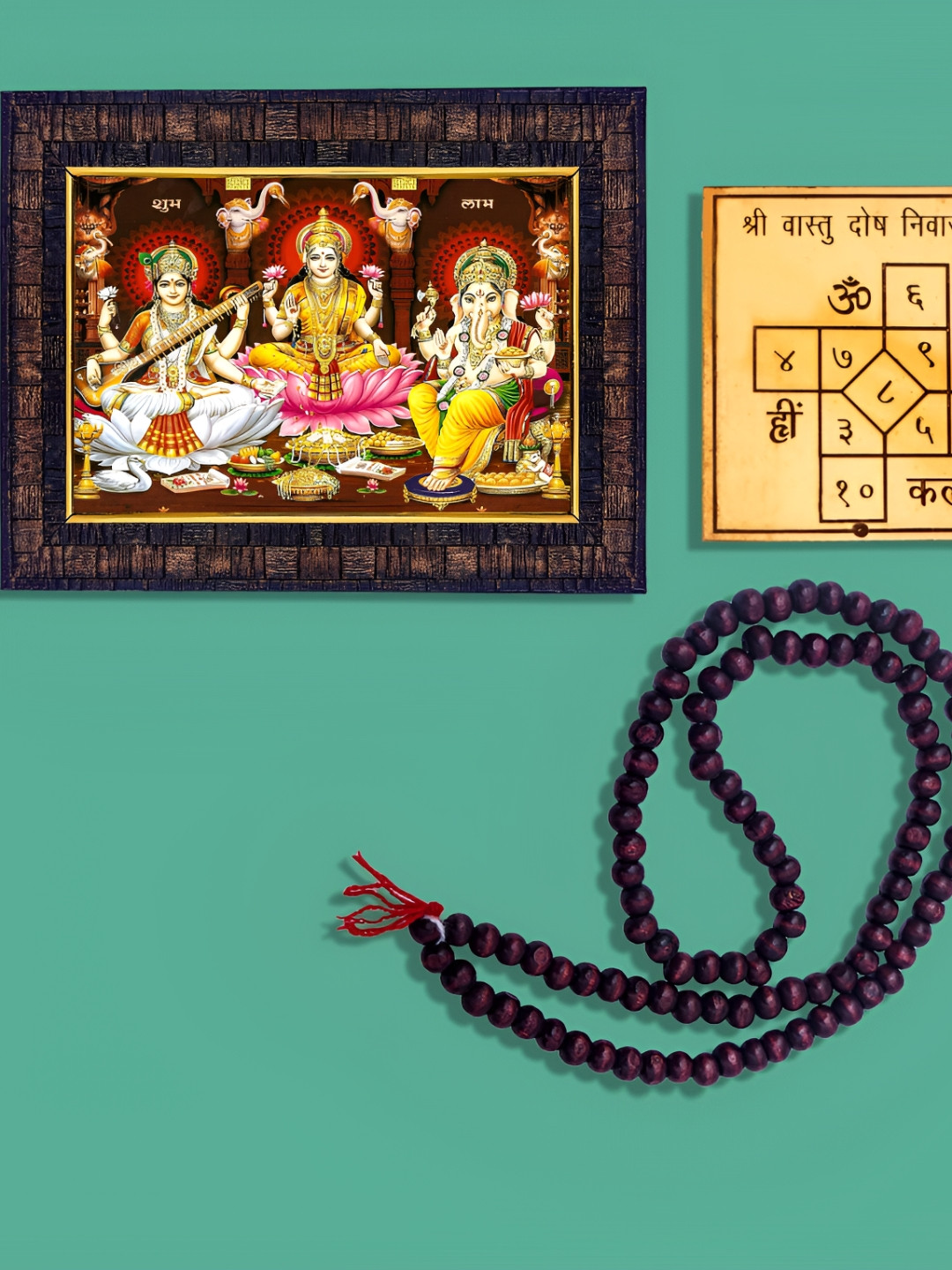 Hawai Black 3 Pieces Ganesh Lakshmi Saraswati Frame & 108 Beads Chandan Mala & Yantra