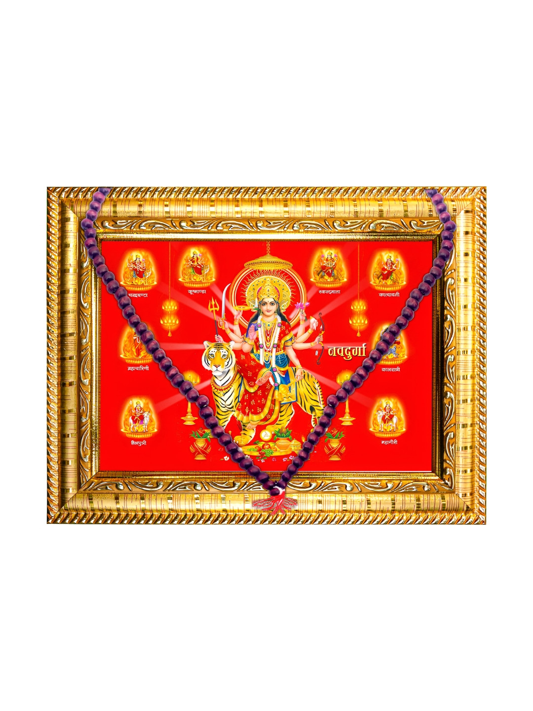 Hawai Gold-Toned and Red Nav 9 Durga Wooden Fashion Photo Frame with Mala