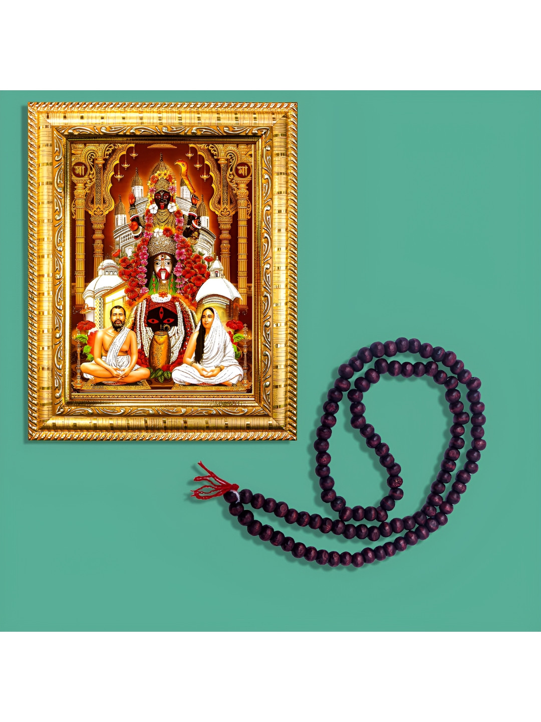 Hawai Gold Toned & Red Maa Tara Wood Fashion Photo Frame With 108 Beads Red Chandan Mala