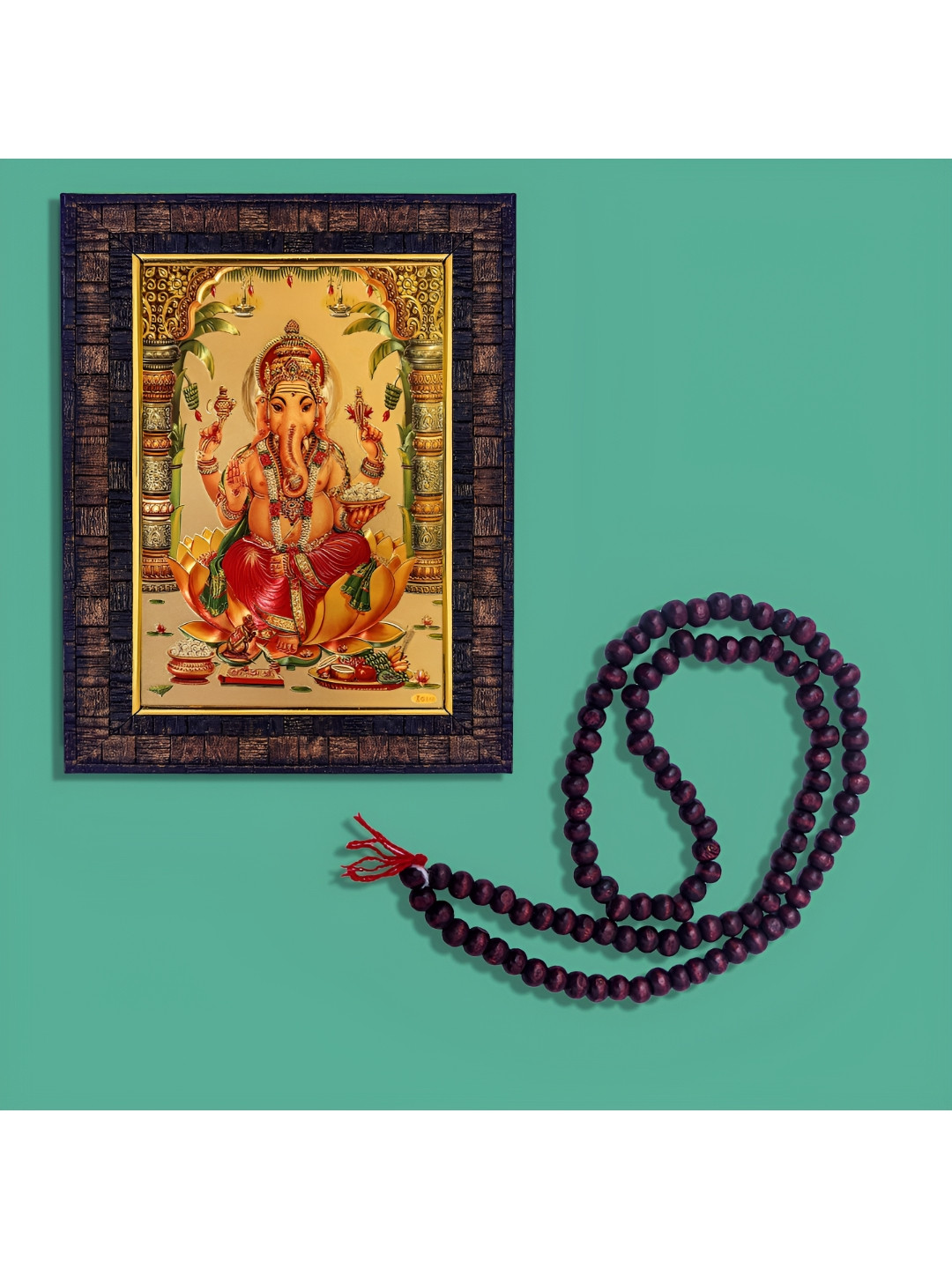 Hawai Gold Toned & Brown Lord Ganesha Ganpati Wood Wall Photo Frame With Chandan Mala