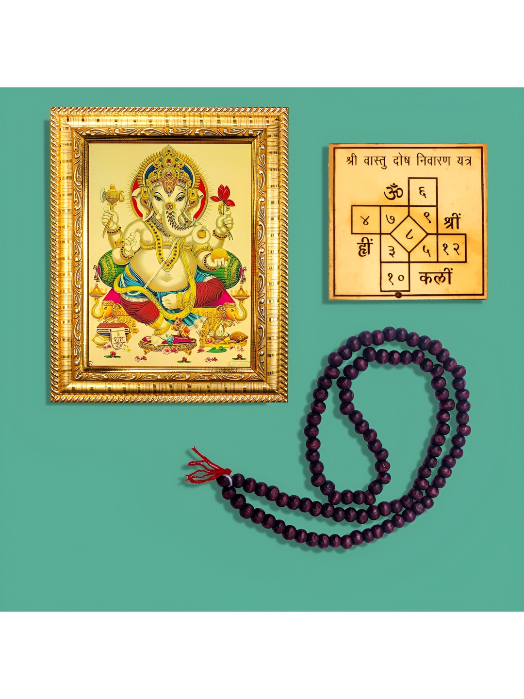 Hawai Gold-Toned & Brown Ganesha Ganpati Wooden Wall Photo Frame With Mala & Yantra