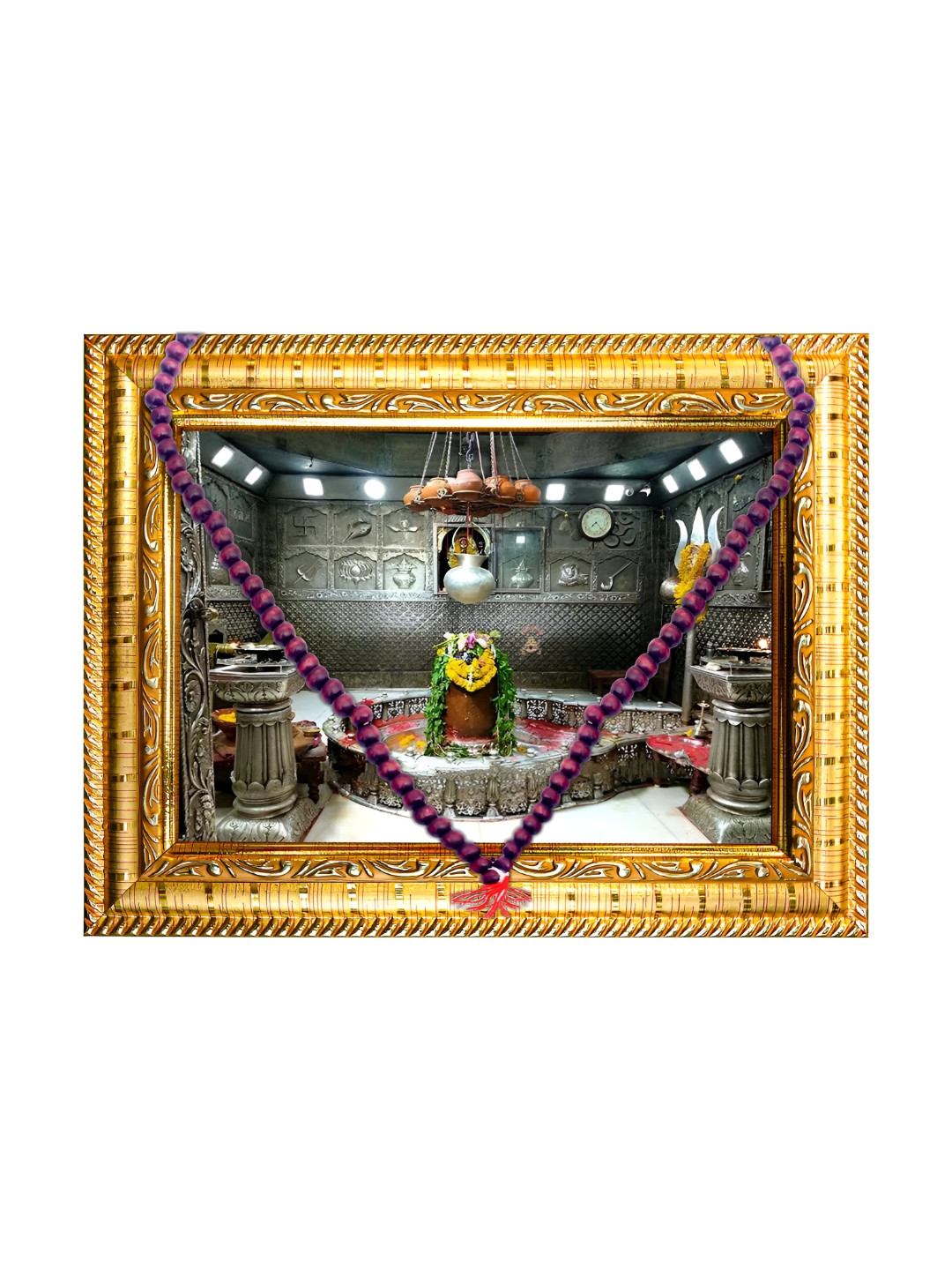 Hawai Gold-Toned & Brown Maha Kaleshwar Jyotirlinga Wooden Wall Photo Frame With Mala