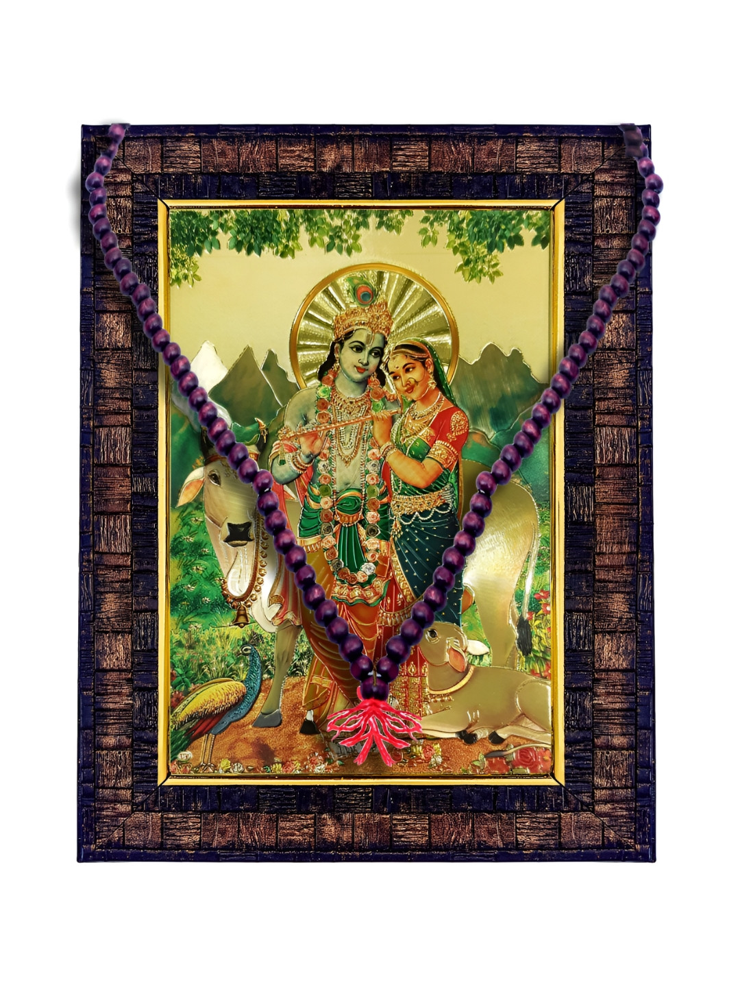 Hawai Brown & Green Radha Krishna Wooden Wall Photo Frame With 108 Bead Mala
