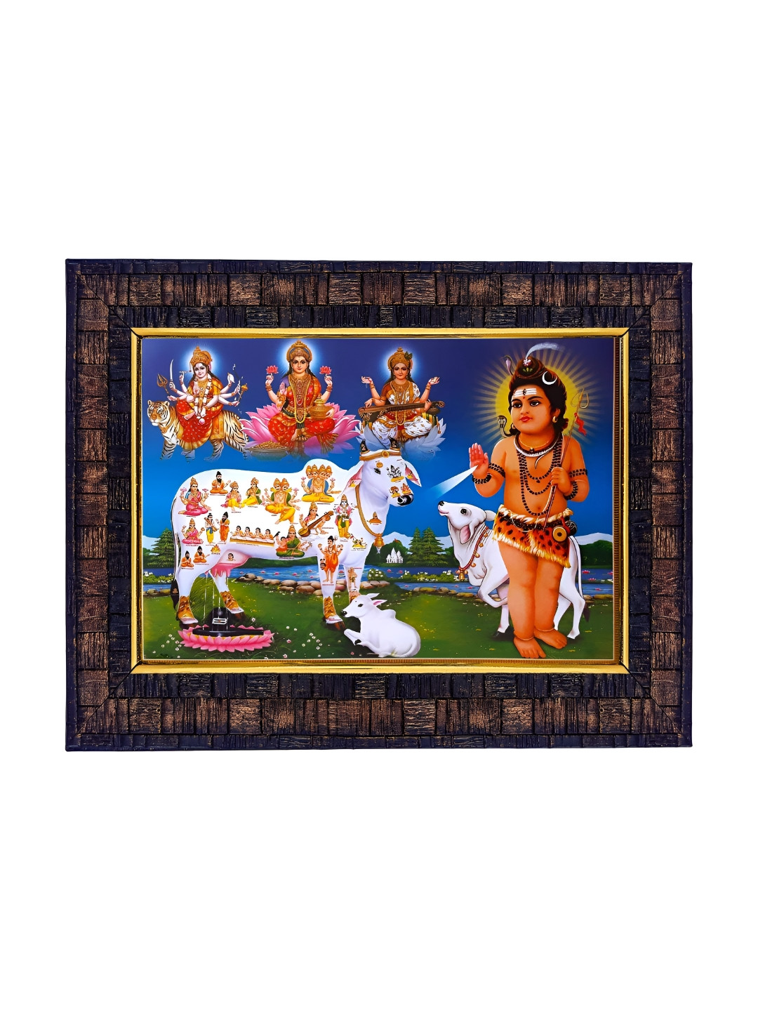 Hawai Brown & Blue Shiva Kamdhenu Cow Wooden Wall Photo Frames