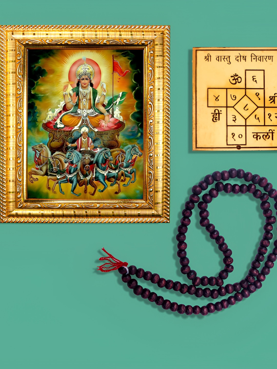Hawai Gold Toned Lord Surya Wooden Photo Frame With 108 Beads Mala & Ashtadhatu Vastu