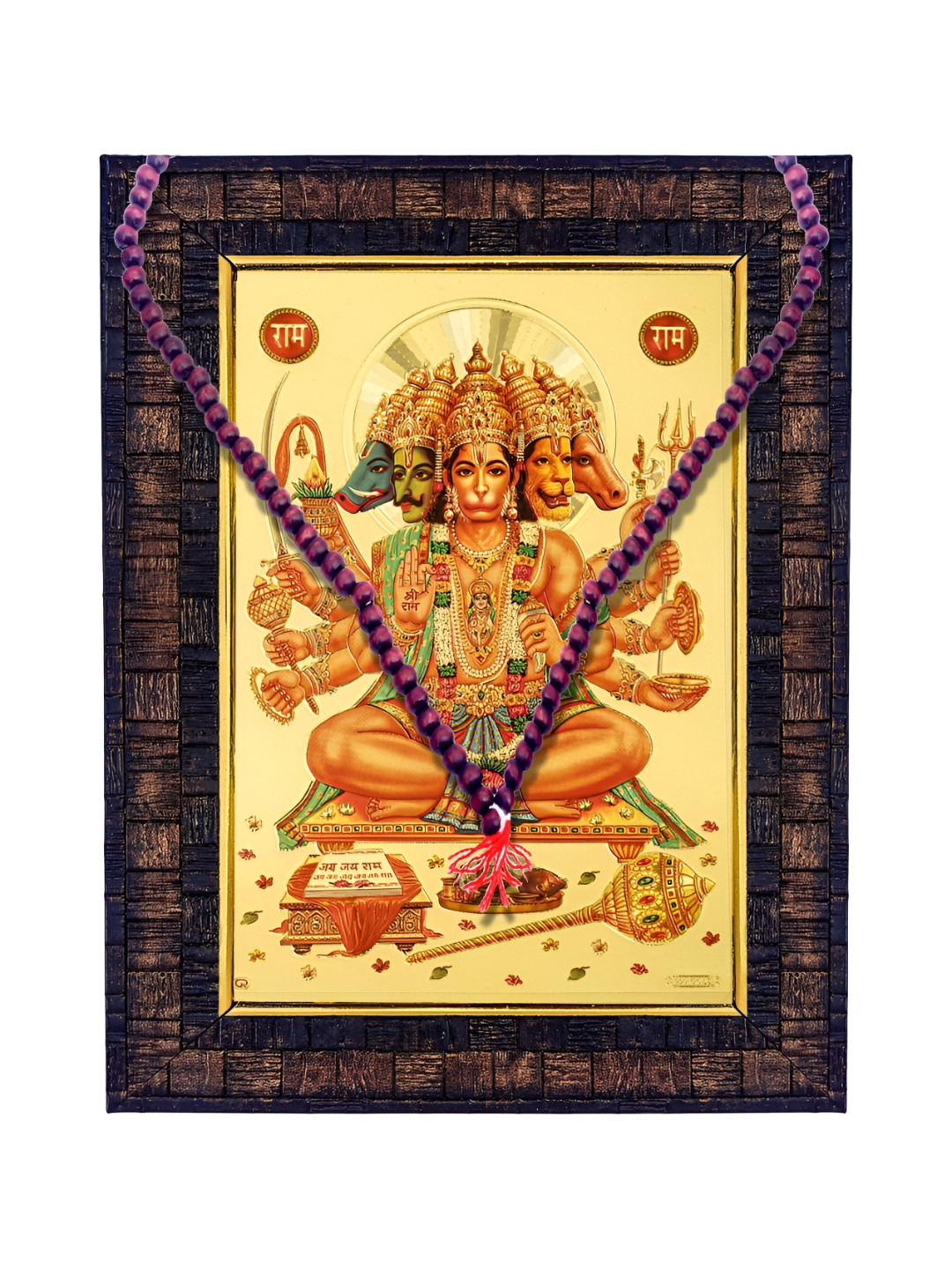 Hawai Gold-Toned Panchmukhi Hanuman Bajrang Bali Photo Frame & 108 Beads Red Chandan Mala