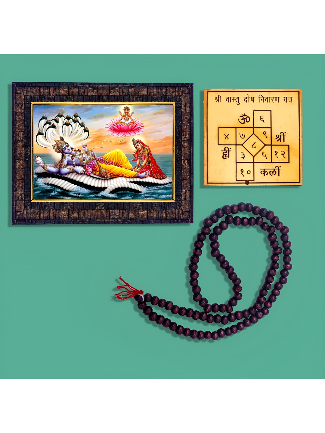 Hawai Blue Wooden Lord Vishnu Lakshmi Bramha Photo Frame With Mala & Yantra