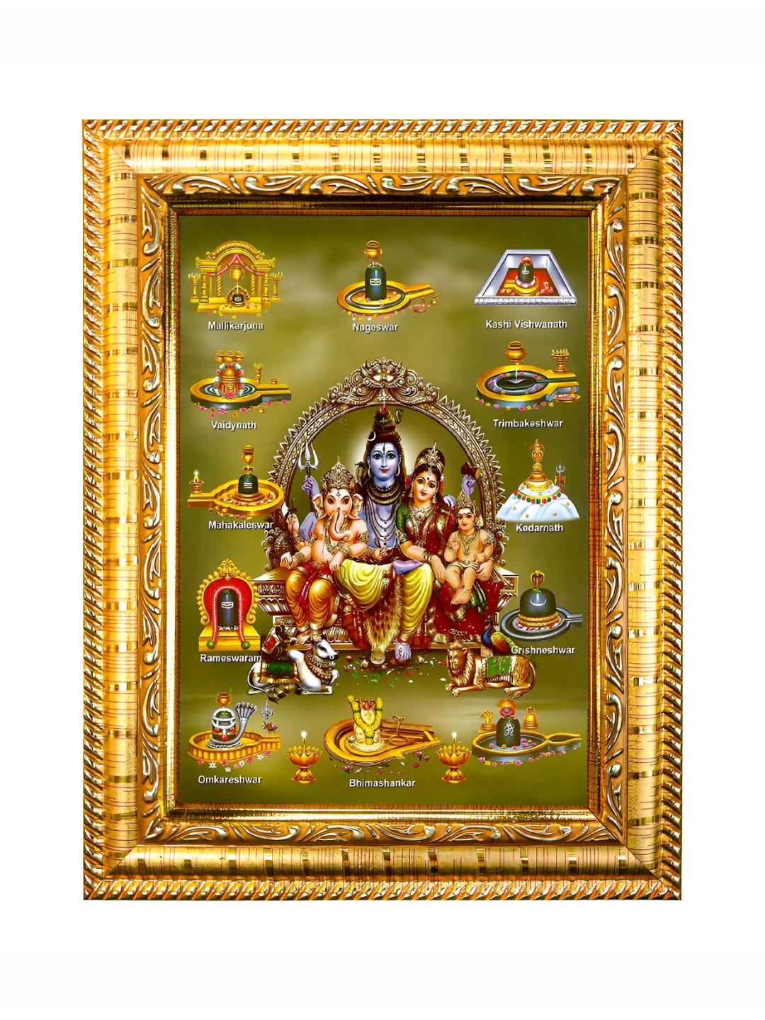 Hawai Gold-Toned and Maroon Lord Shiva Parivar 12 Jyotirlinga Wooden Wall Photo Frame