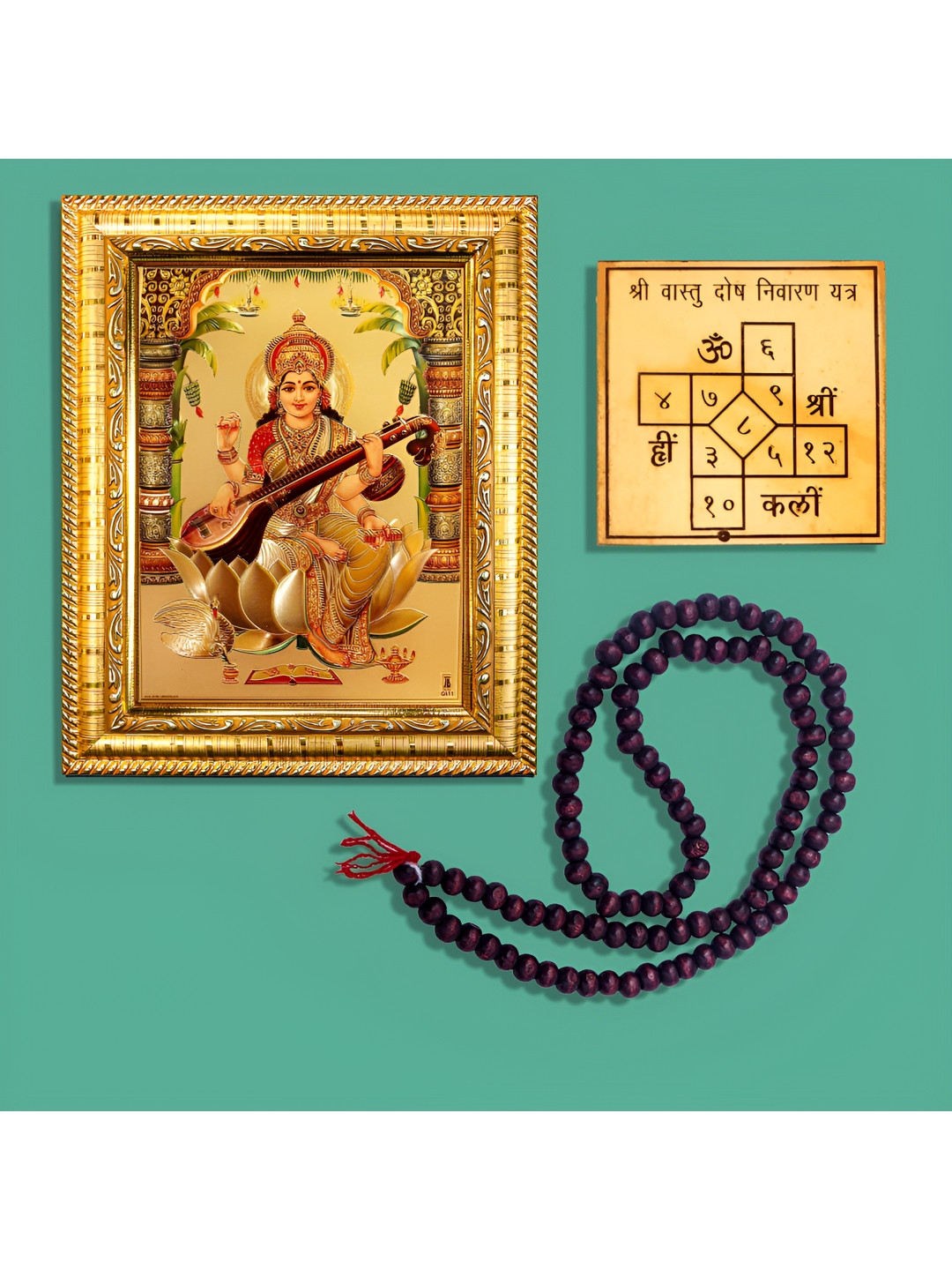 Hawai Gold-Toned & Brown Goddess Saraswati Wooden Photo Frame With Mala & Yantra