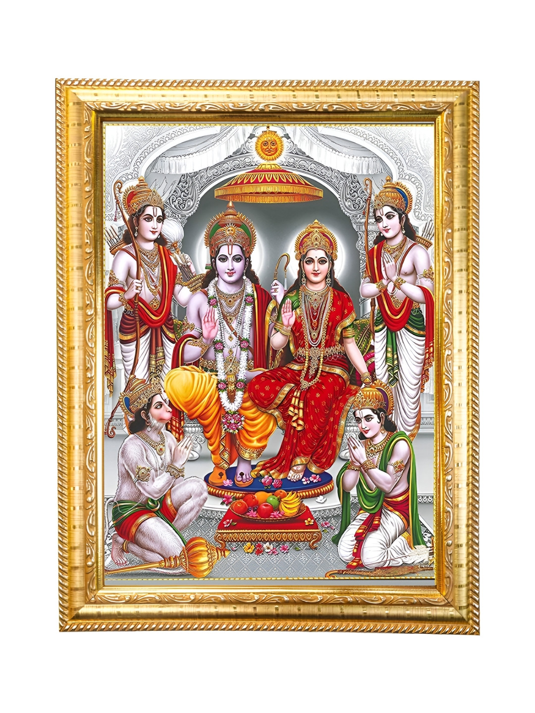 Hawai Gold-Toned and Grey Ram Laxman Sita Hanuman Darbar Wooden Wall Photo Frame
