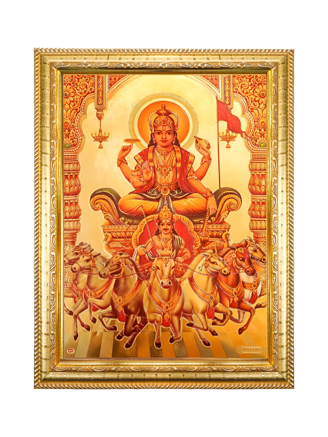 Hawai Gold Toned & Red Lord Surya Dev Wooden Photo Frame
