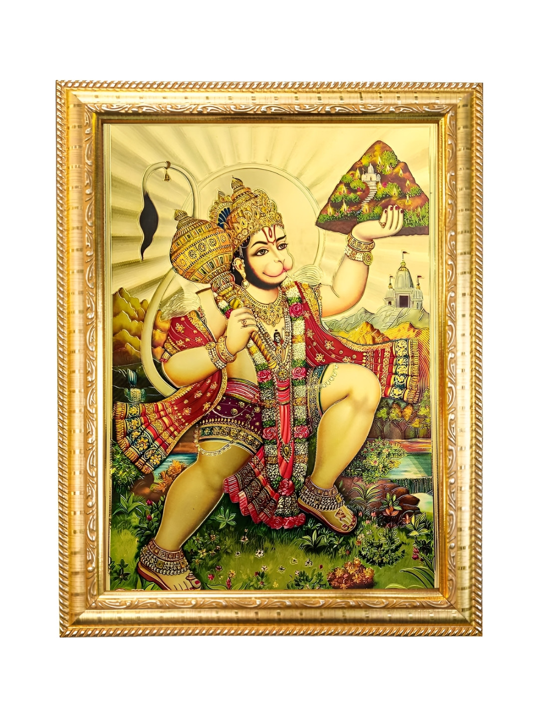Hawai Gold-Toned Shree Bajrang Bali Hanuman Trikut Parvat Wooden Photo Frame