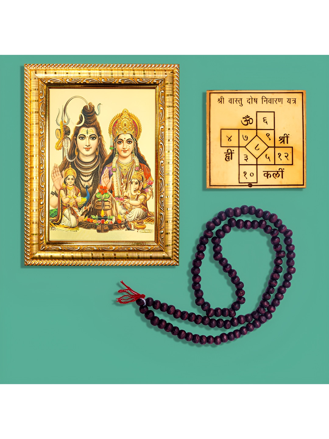 Hawai Gold Toned Lord Shiva Shiv Parivar Photo Frame & 108 Beads Red Chandan Mala & Yantra