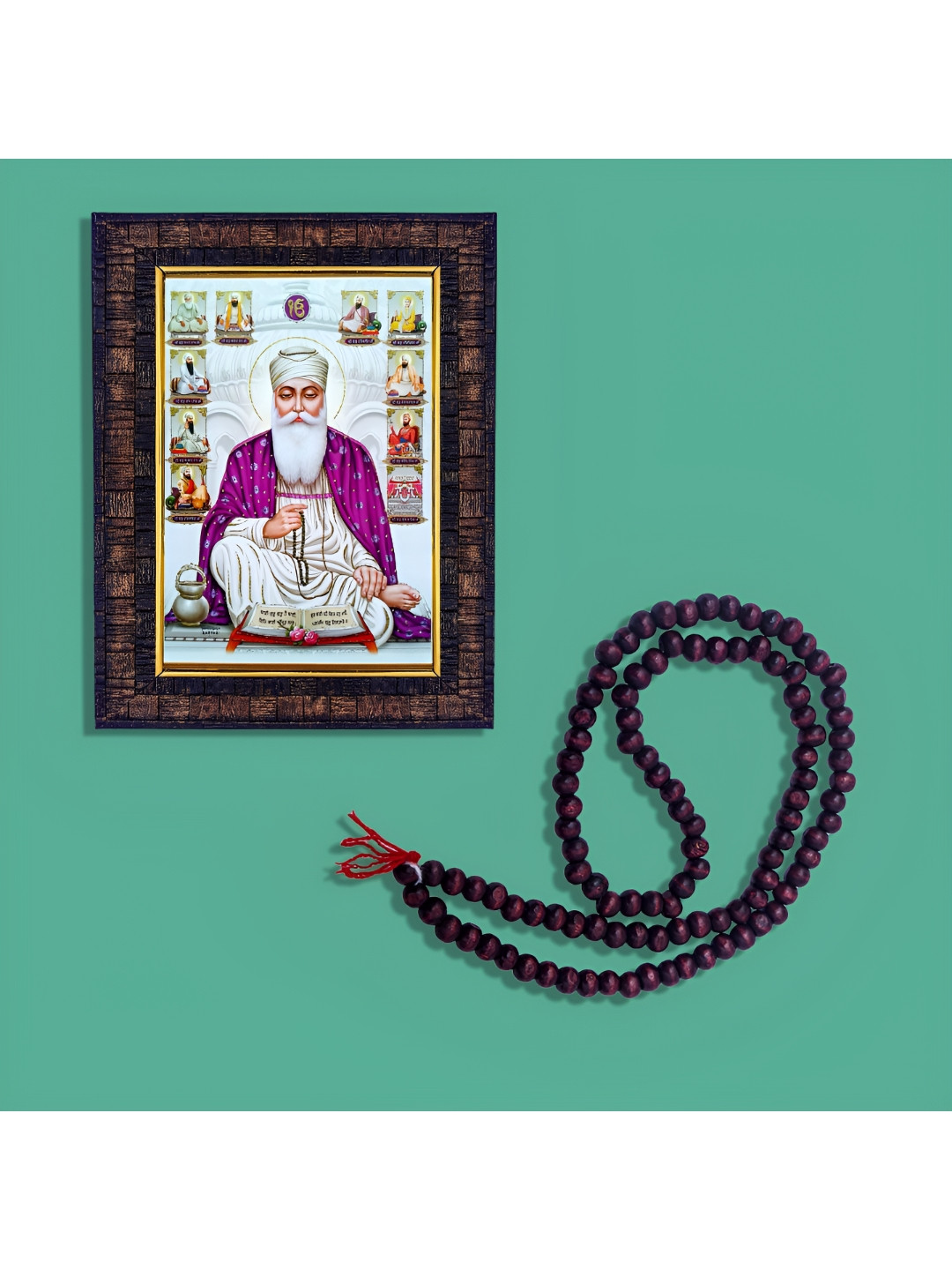 Hawai Brown Guru Nanak With 108 Beads Mala Wooden Photo Frame