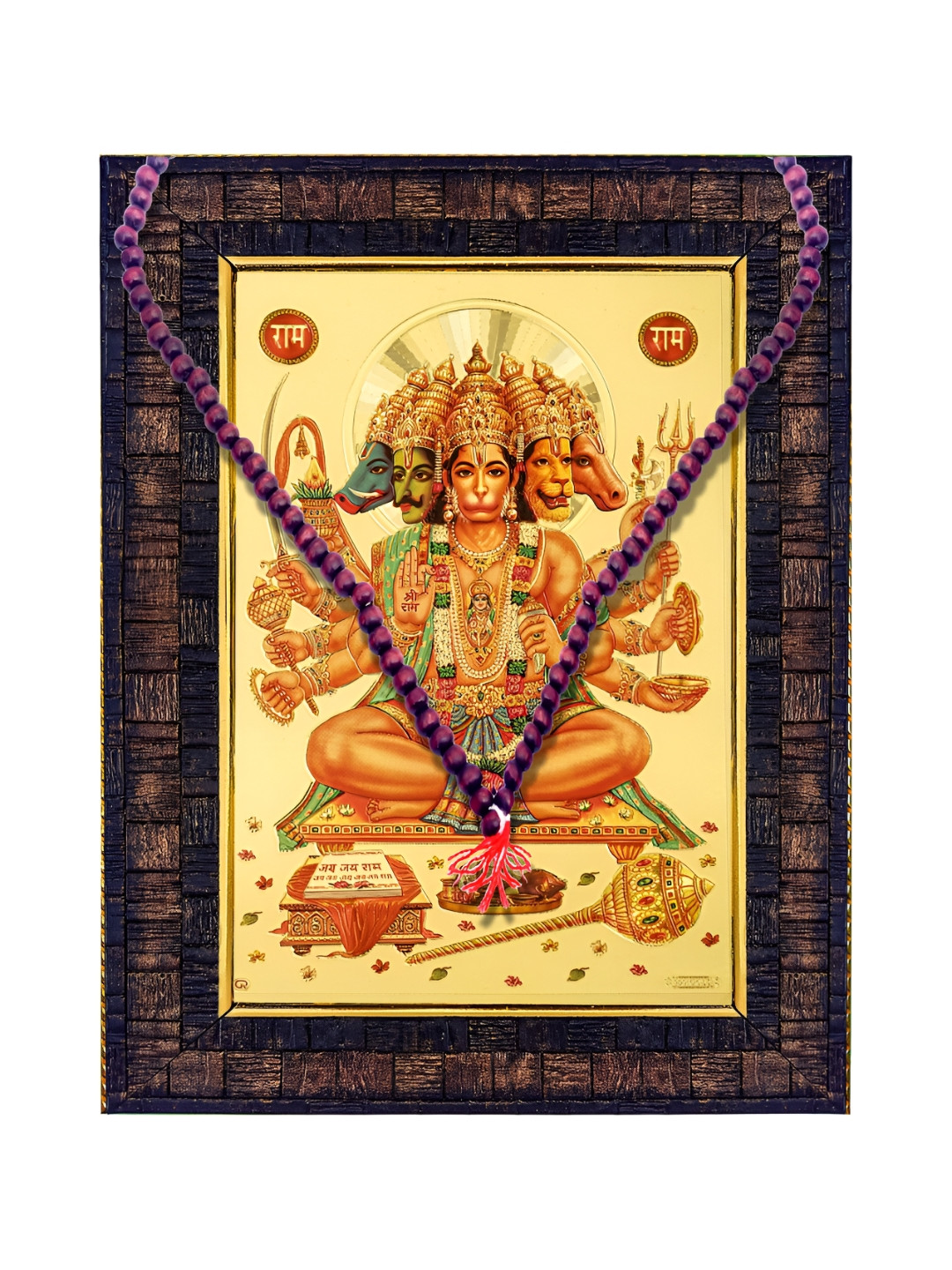 Hawai Brown & Gold Toned 2 Pieces Wooden Photo Frame & Red Chandan Mala