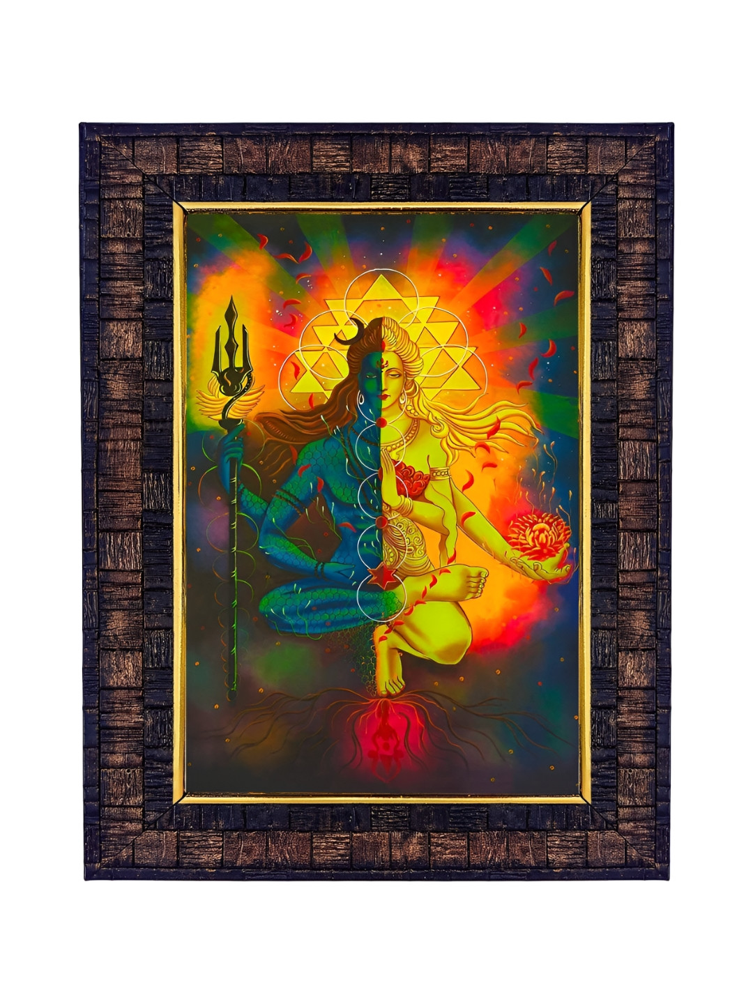Hawai Yellow and Green Lord Shiva Mata Parvati Wooden Wall Photo Frame