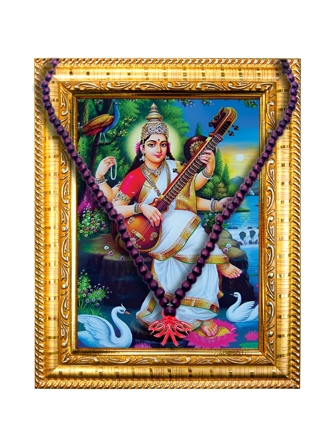 Hawai Gold Toned & White Wooden Maa Saraswati Photo Frame With Beads Mala