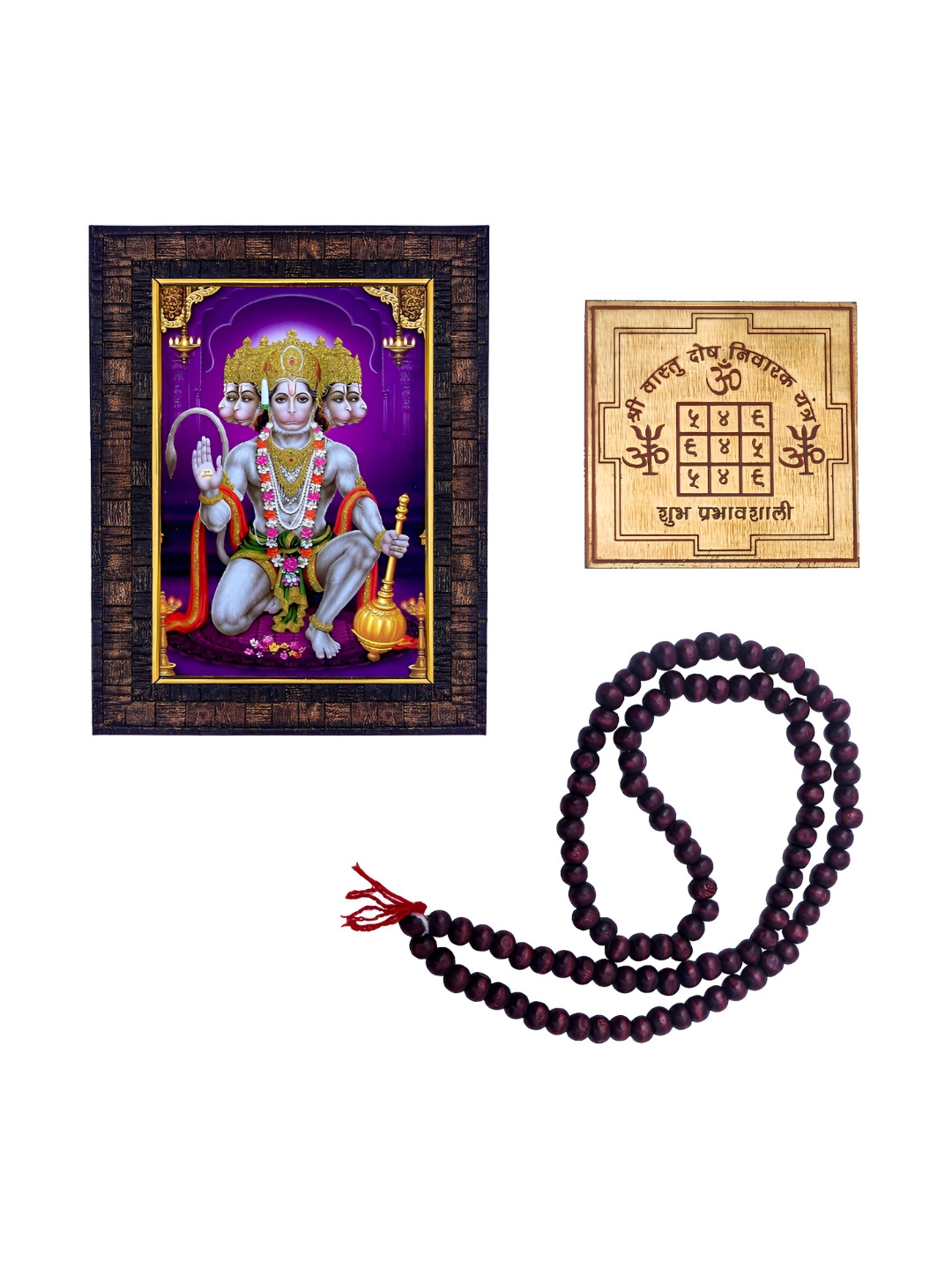 Hawai Brown 3 Pieces Wooden Photo Frame & Red Chandan Mala With Ashtadhatu