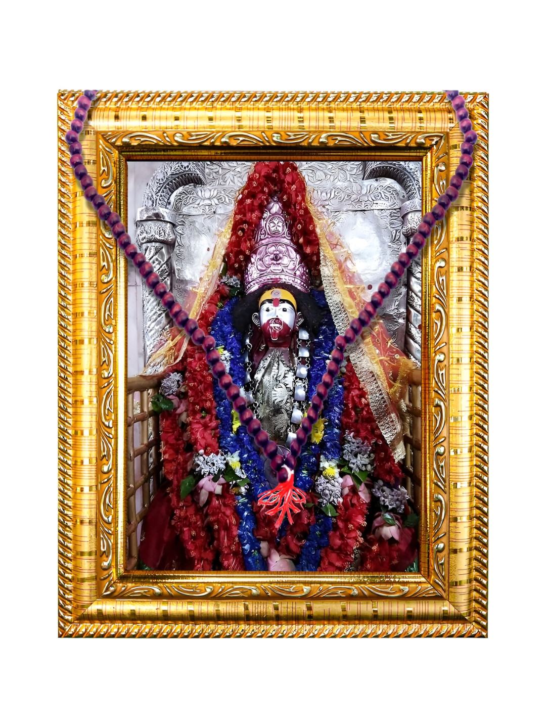 Hawai Gold-Toned and Silver-Toned Tarapith Maa Tara Wooden Mala Photo Frame with Mala