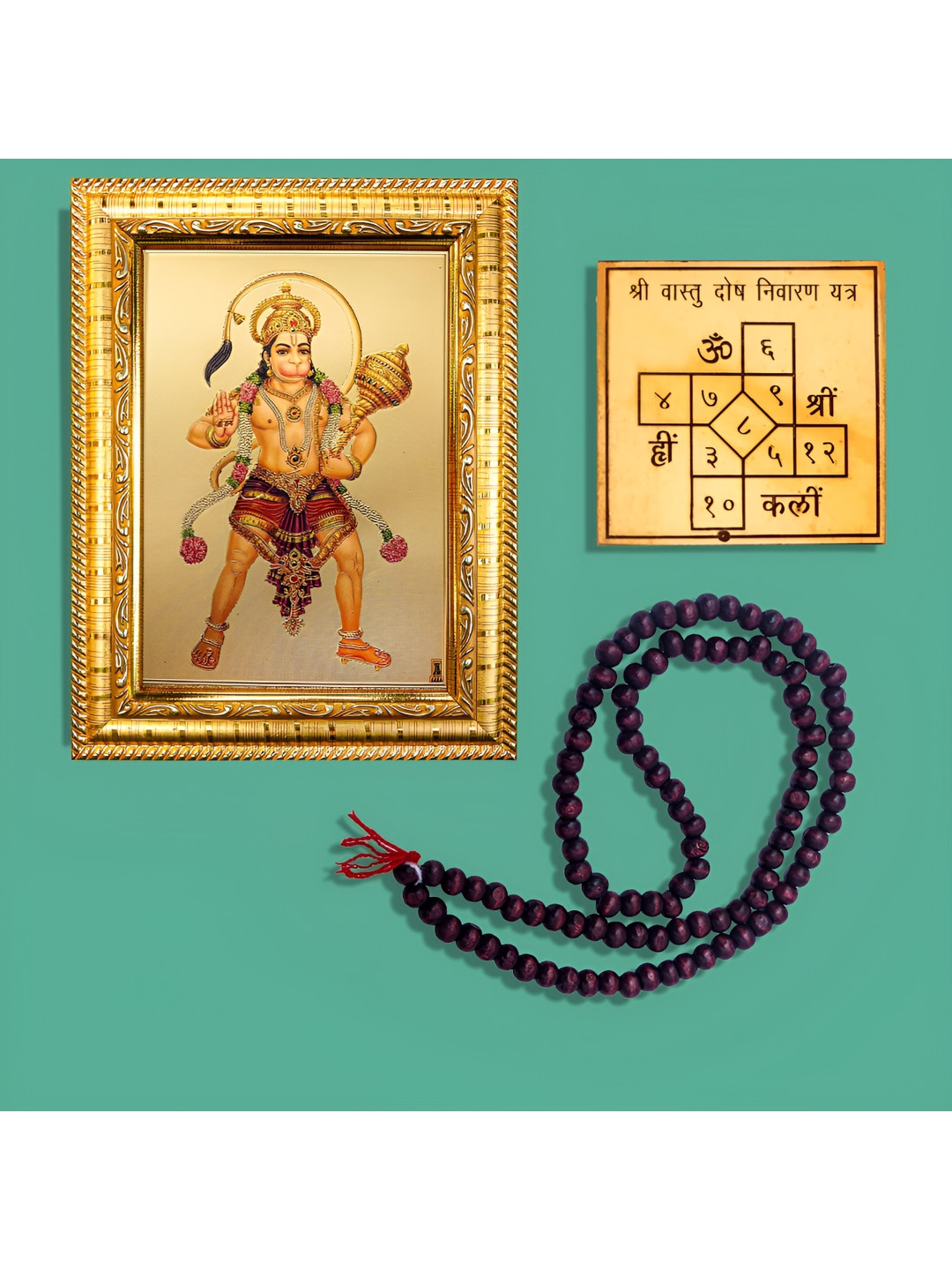 Hawai Gold Toned Hanuman Photo Frame & 108 Beads Chandan Mala & Vashtu Dosh Nivaran Yant