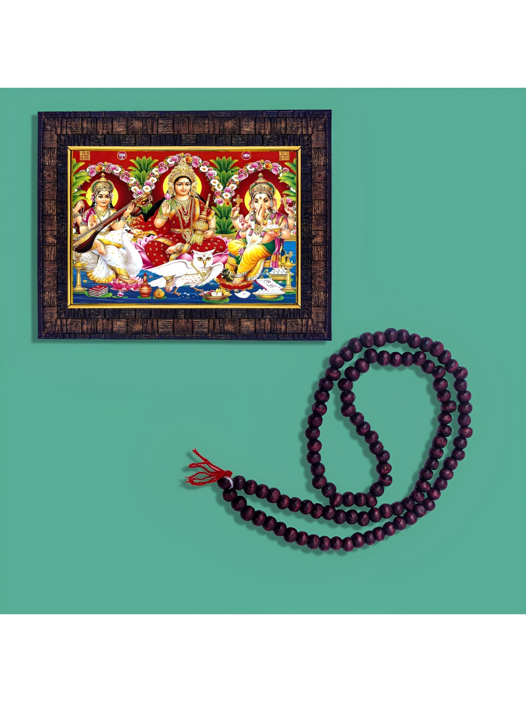 Hawai Brown & Gold Toned 2 Pieces Wooden Photo Frame & Red Chandan Mala