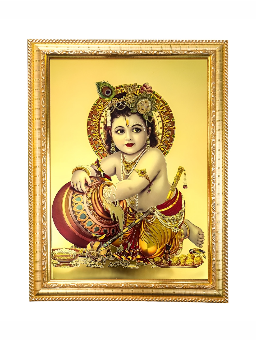 Hawai Gold-Toned & Brown Lord Krishna Wooden Wall Photo Frame