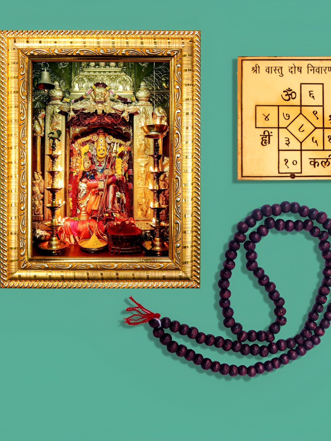 Hawai Gold Toned Maa Kanak Durga Photo Frame & 108 Beads Red Chandan Mala & Nivaran Yantra