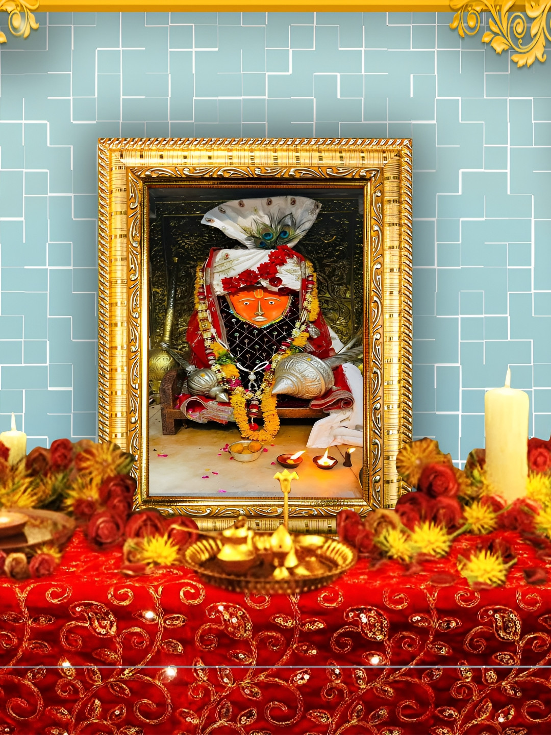 Hawai Gold-Toned & Brown Bageshwar Dham Balaji Hanuman Wooden Wall Photo Frame