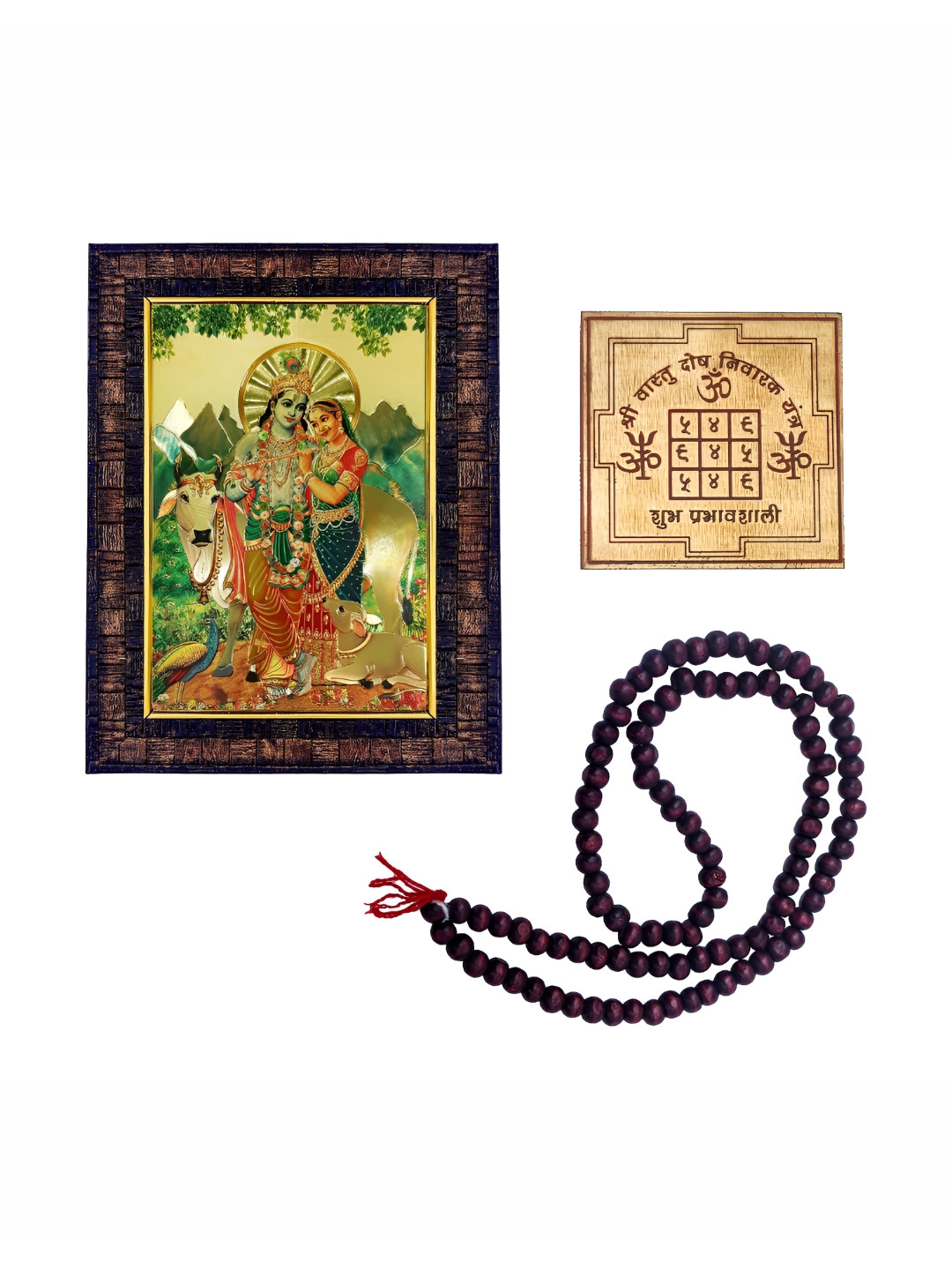 Hawai Gold-Toned and Teal Radha Krishna Wooden Wall Photo Frame with Yantra and Mala