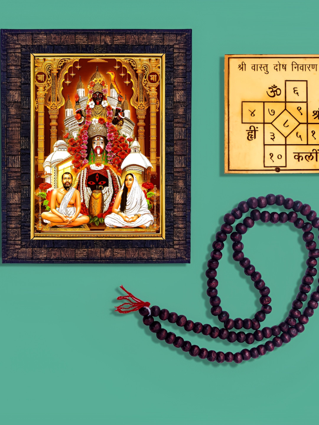 Hawai Gold Toned Lord Maa Tara Wooden Photo Frame With 108 Beads Mala & Ashtadhatu Vastu