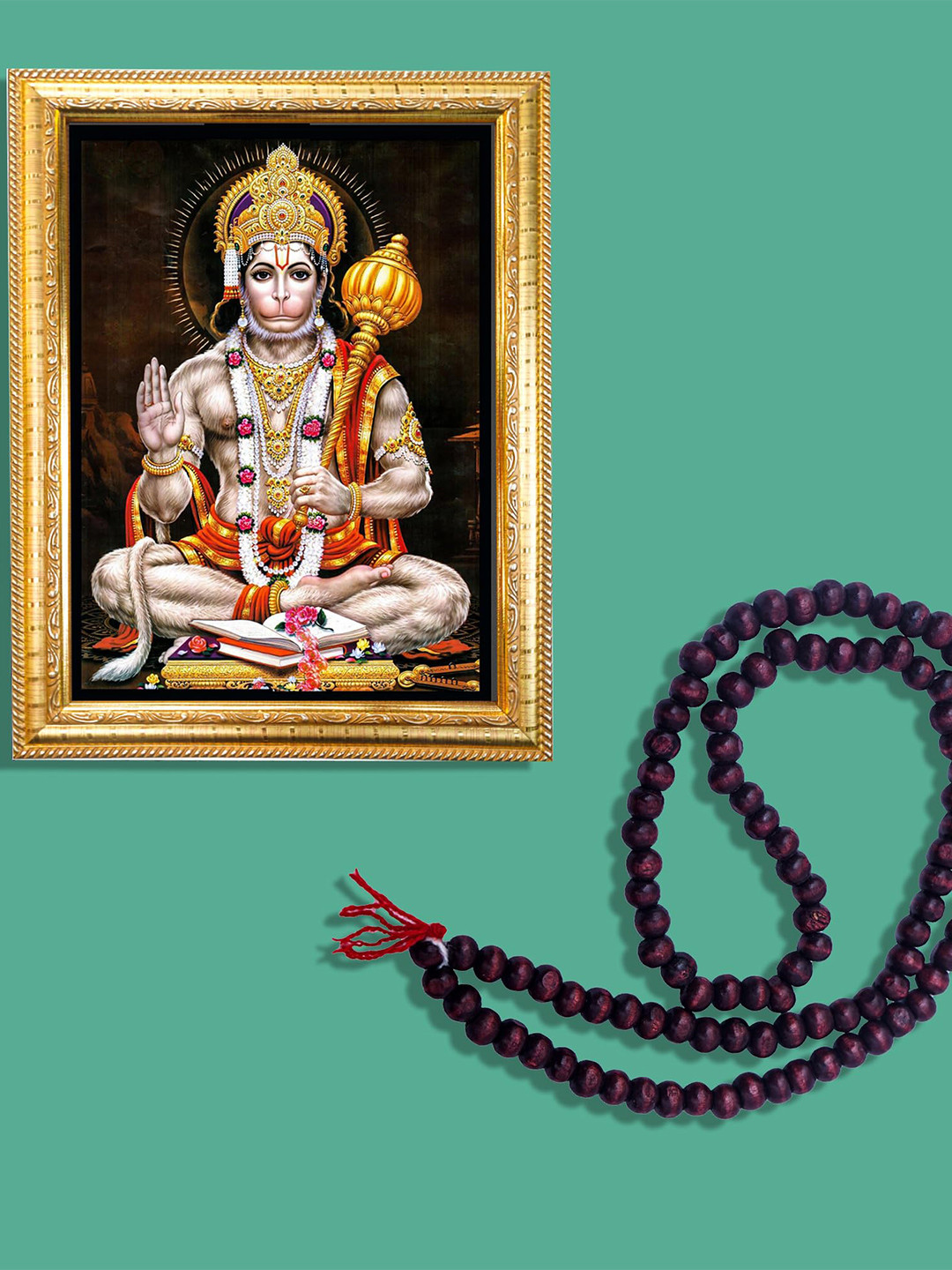 Hawai Gold-Toned Shree Hanuman Bajrangbali Wooden Photo Frame With Mala