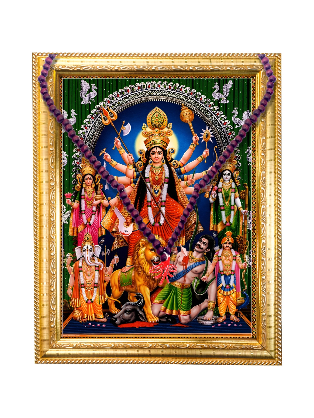 Hawai Red & Gold Toned Lord Durga Maa Printed Wooden Wall Photo Frame With !108 Beads Mala