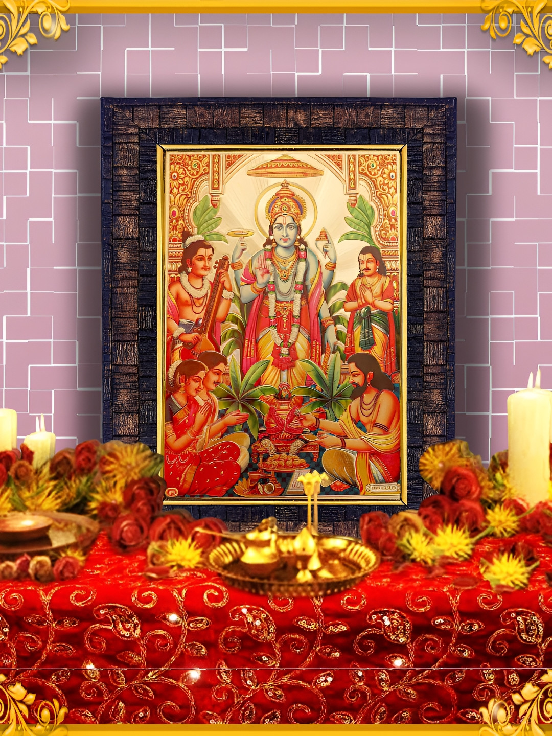 Hawai Gold Toned & Black Shree Satyanarayana Vishnu Self Design Wooden Wall Photo Frame