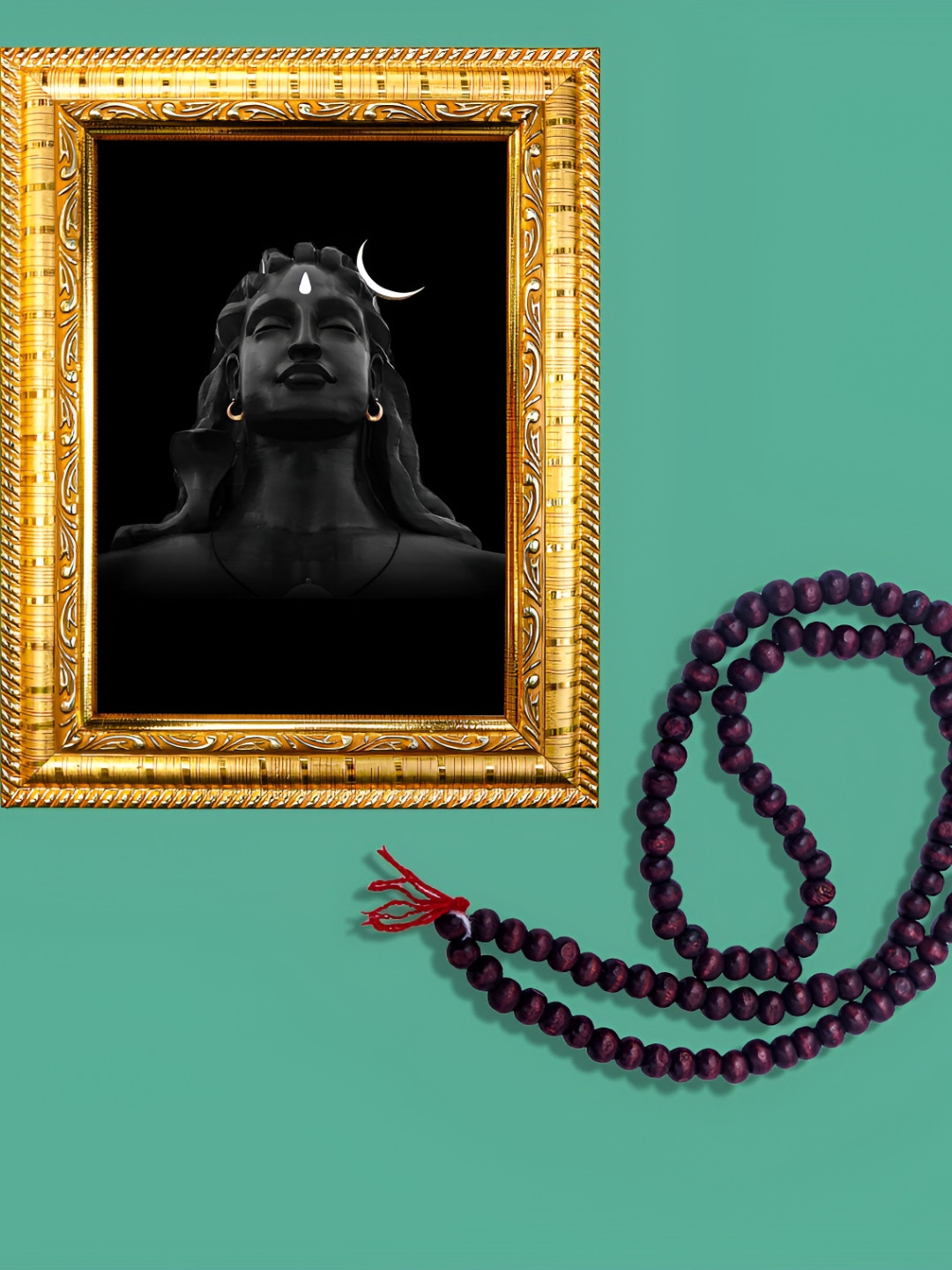 Hawai Gold-Toned & Black 2 Pieces Lord Shiva Photo Frame With 108 Beads Red Chandan Mala