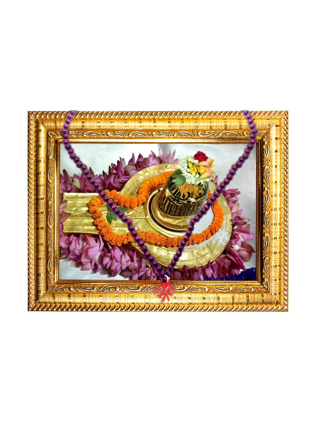 Hawai Gold Toned Lord Shiva Kasi Vishwanath Jyotirlinga Frame &108 Beads Chandan Mala