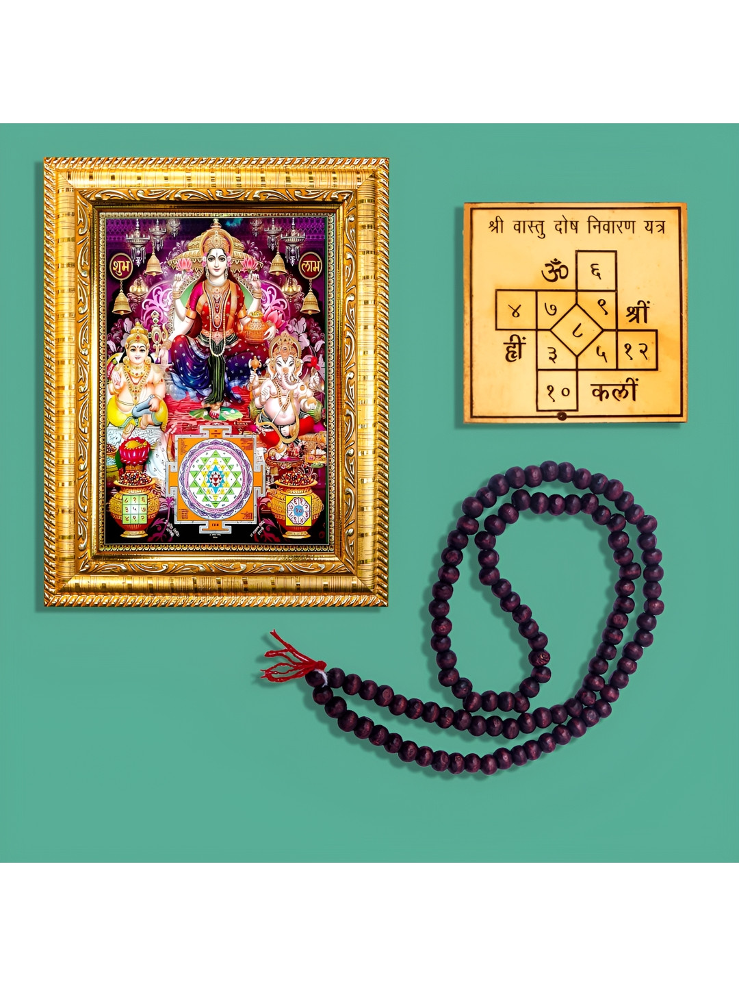 Hawai Gold Toned Kuber Laxmi Ganesh Photo Frame & 108 Beads Chandan Mala & Nivaran Yantra