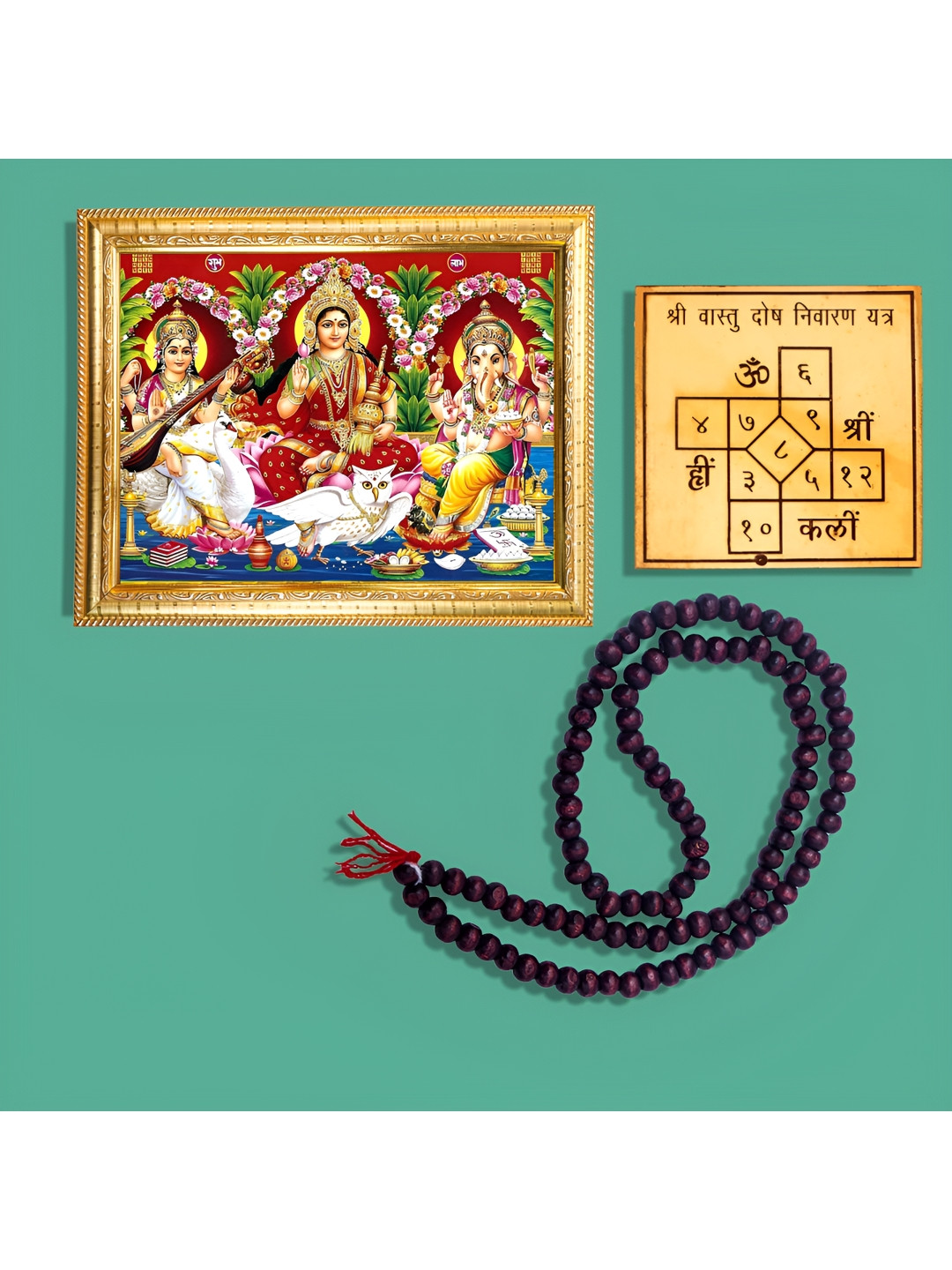 Hawai Gold Toned & Red Ganesh Lakshmi Saraswati Photo Frame With Yantra & Mala