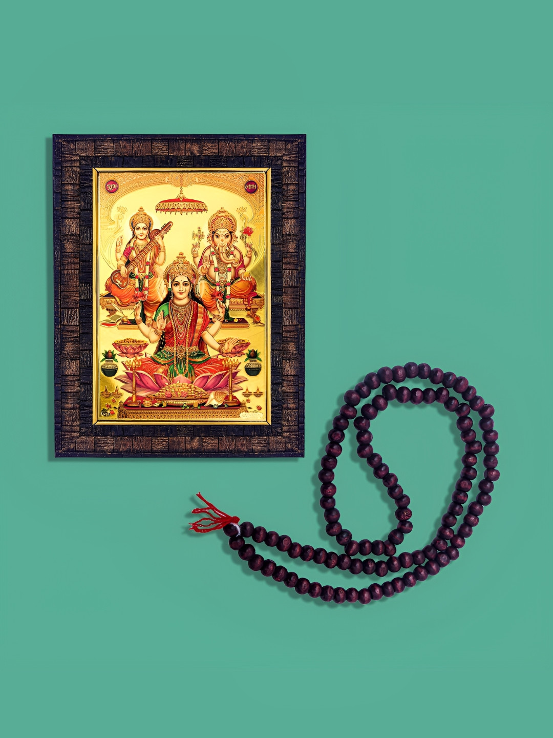 Hawai Gold Toned & Black Ganesh Laksmi Saraswati Wall Photo Frame & 108 Beads Chandan Mala