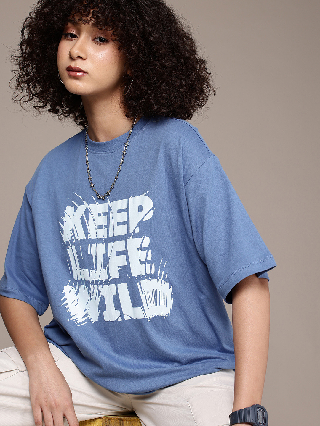 The Roadster Life Co. Typography Printed Drop-Shoulder Pure Cotton Oversized T-shirt