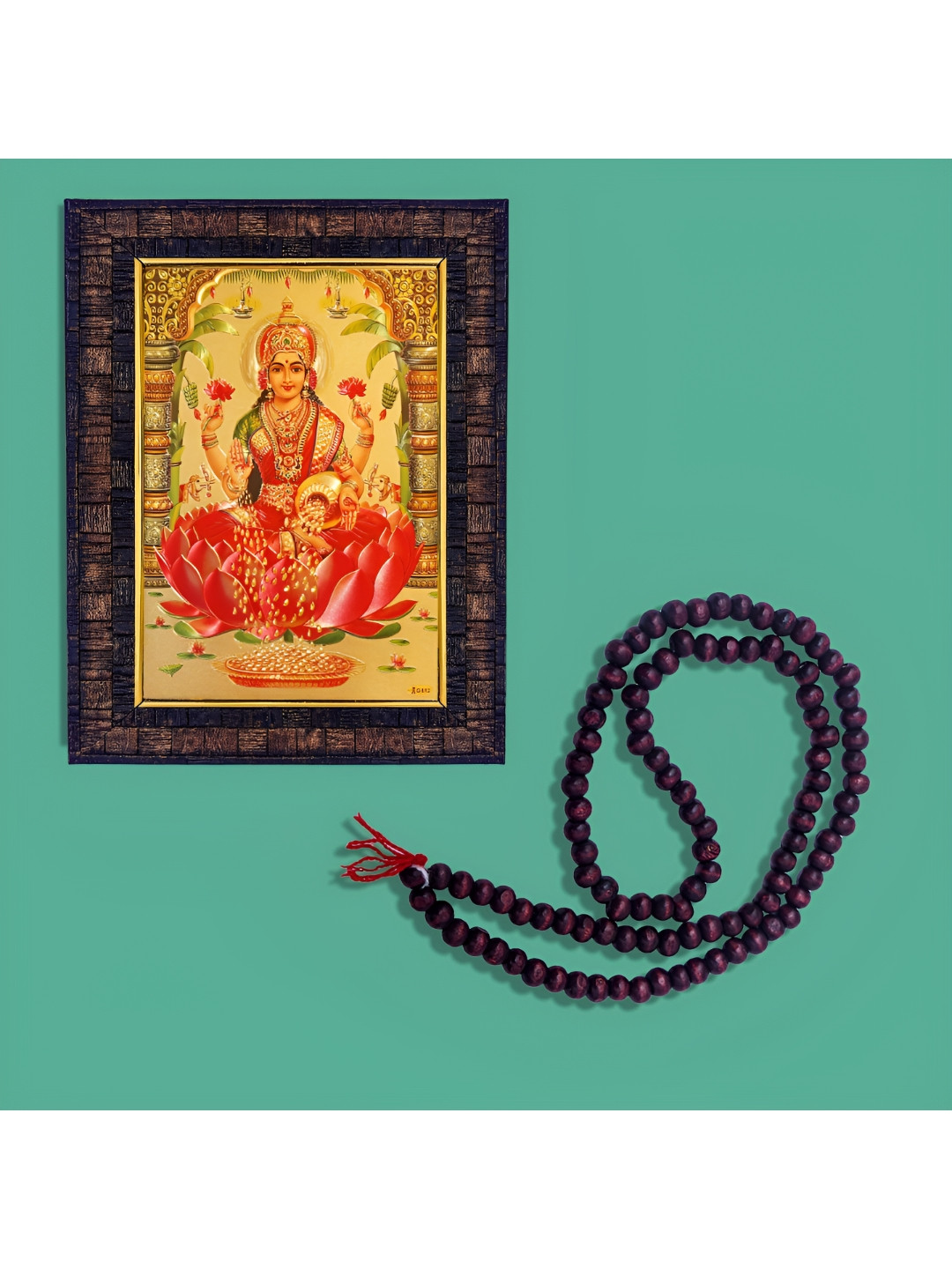 Hawai Yellow Goddess Saraswati With 108 Beads Mala Wooden Photo Frame