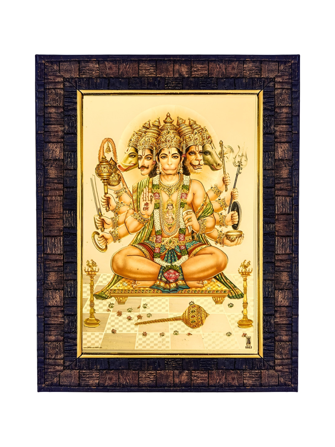 Hawai Gold-Toned & Brown Panchmukhi Hanuman Bajrang Bali Wooden Wall Photo Frames