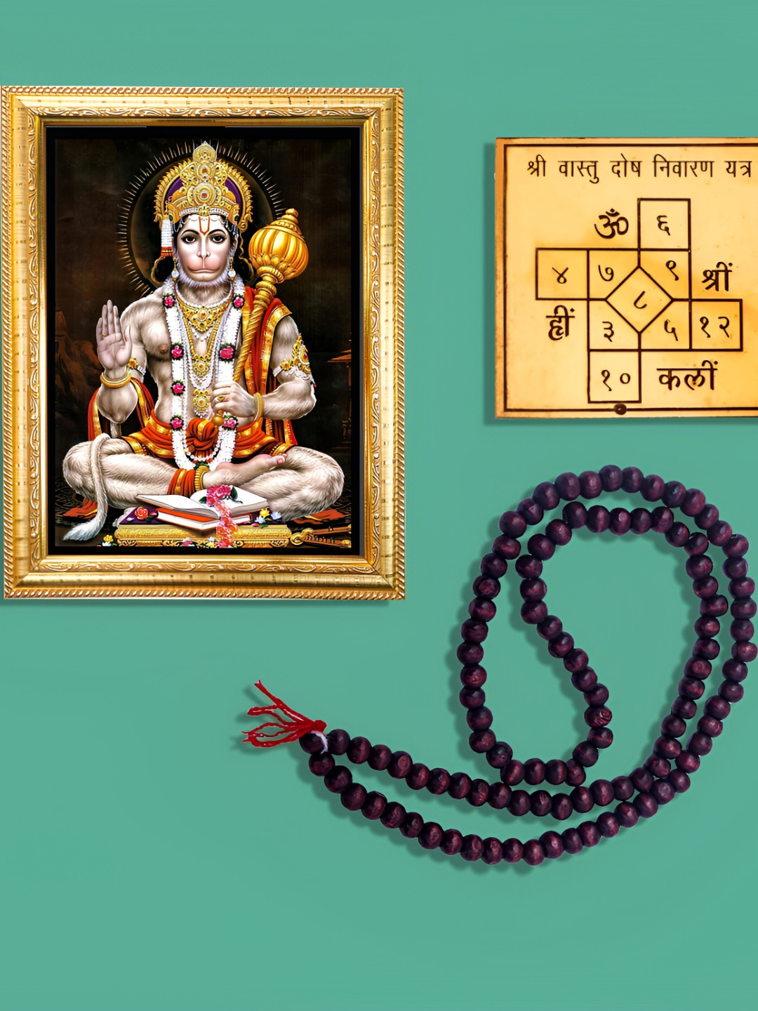 Hawai Black Shree Hanuman Photo Frame & 108 Beads Chandan Mala & Ashtadhatu Vastu Dosh