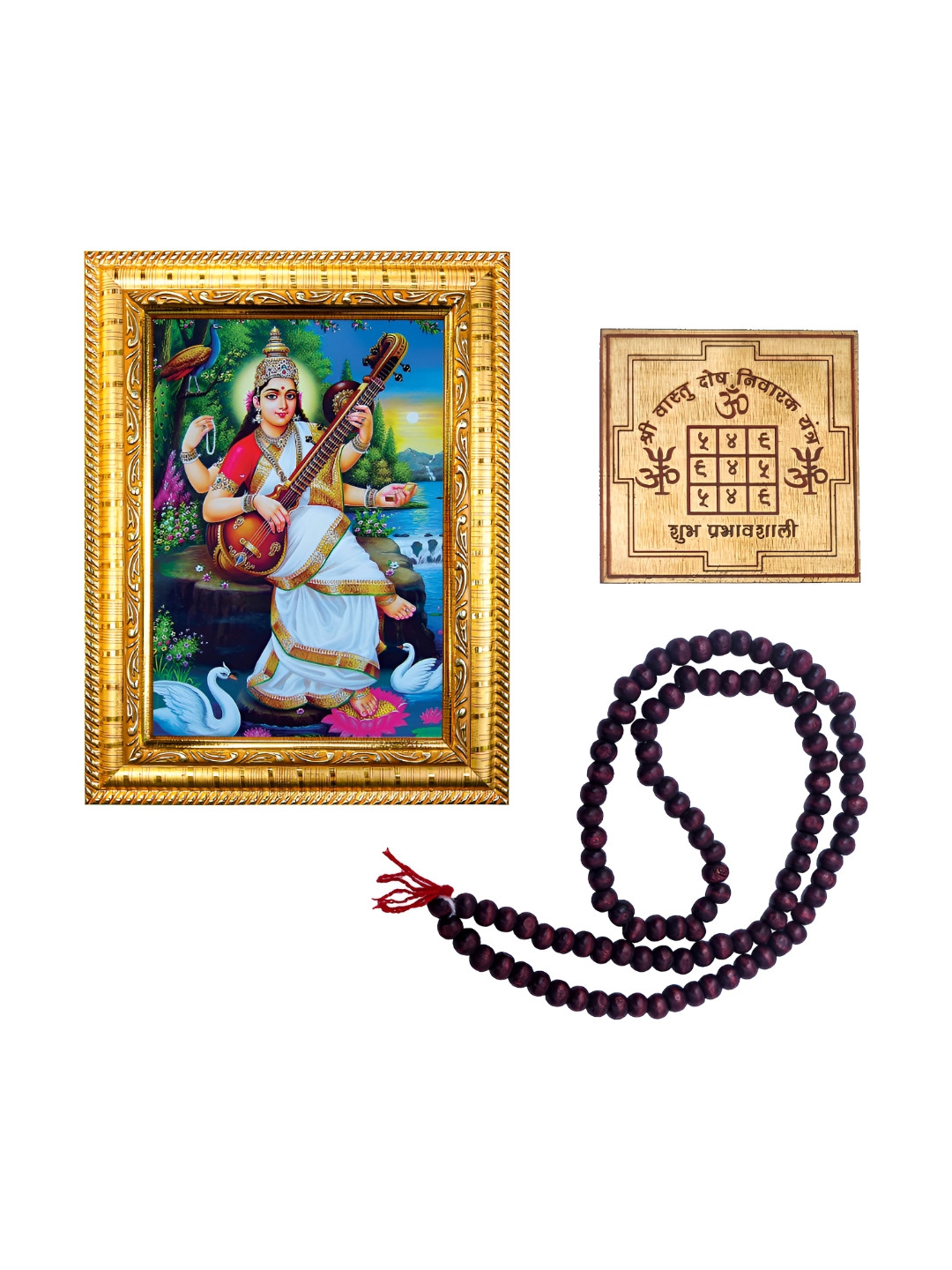 Hawai Blue & Gold Toned Wooden Maa Saraswati Photo Frame With Mala & Yantra