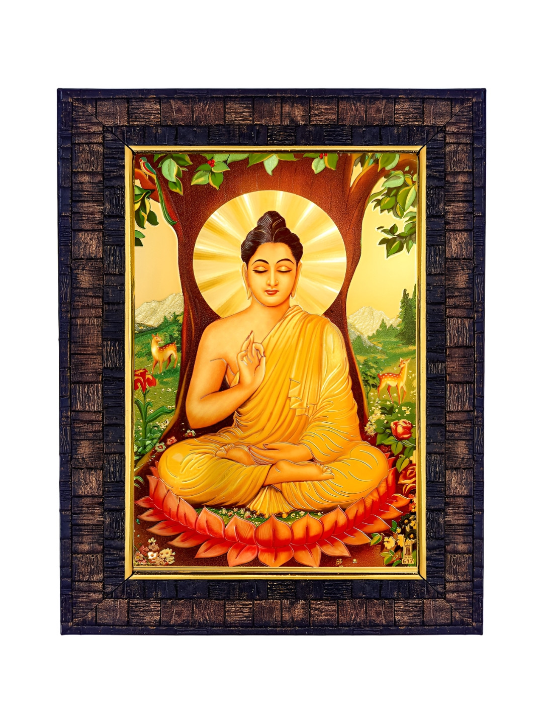 Hawai Gold-Toned & Brown Lord Buddha Meditating Wooden Wall Photo Frame